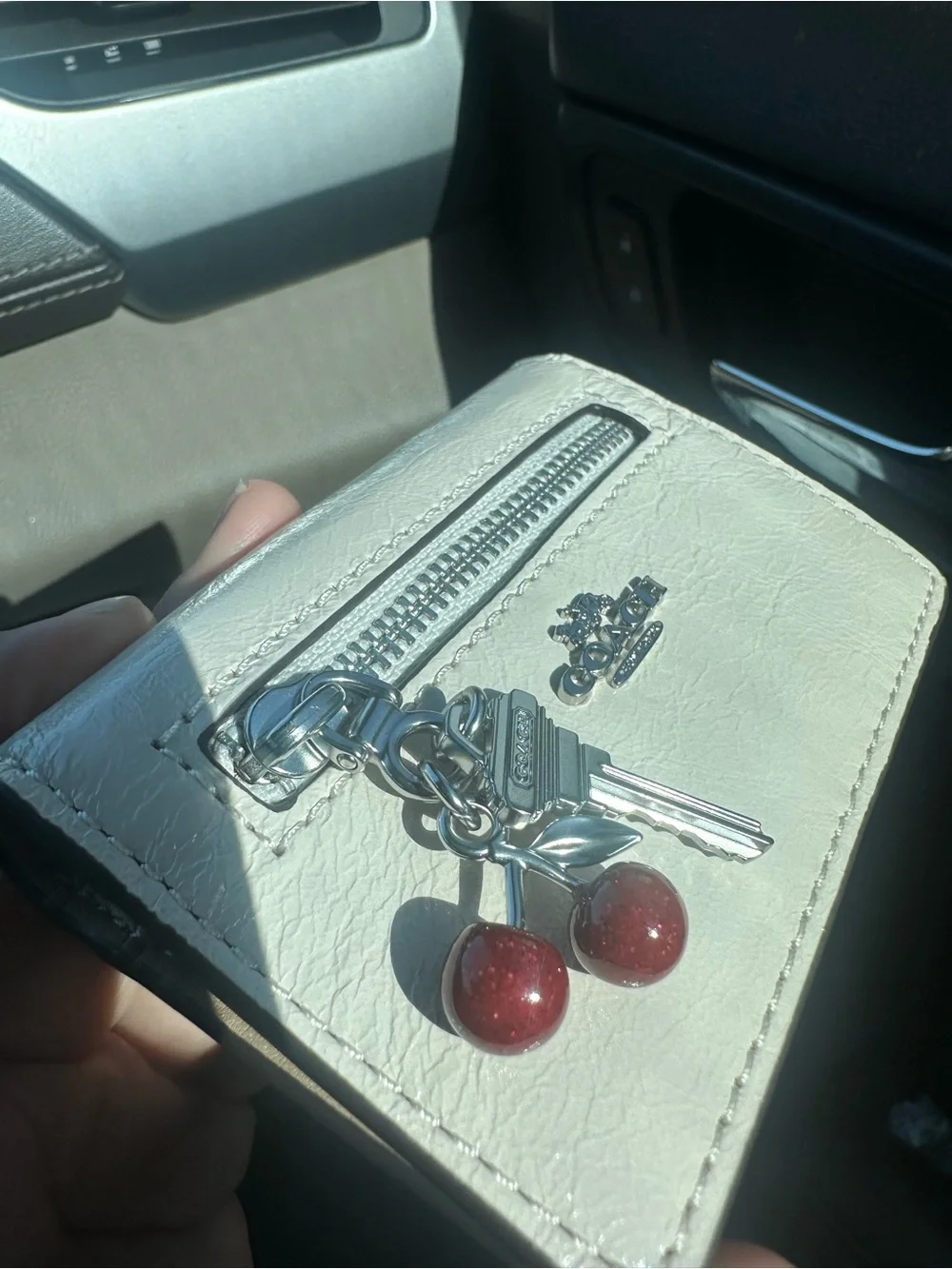 Coach White Leather Card Case with Red Cherry Charm and Key Charm - New